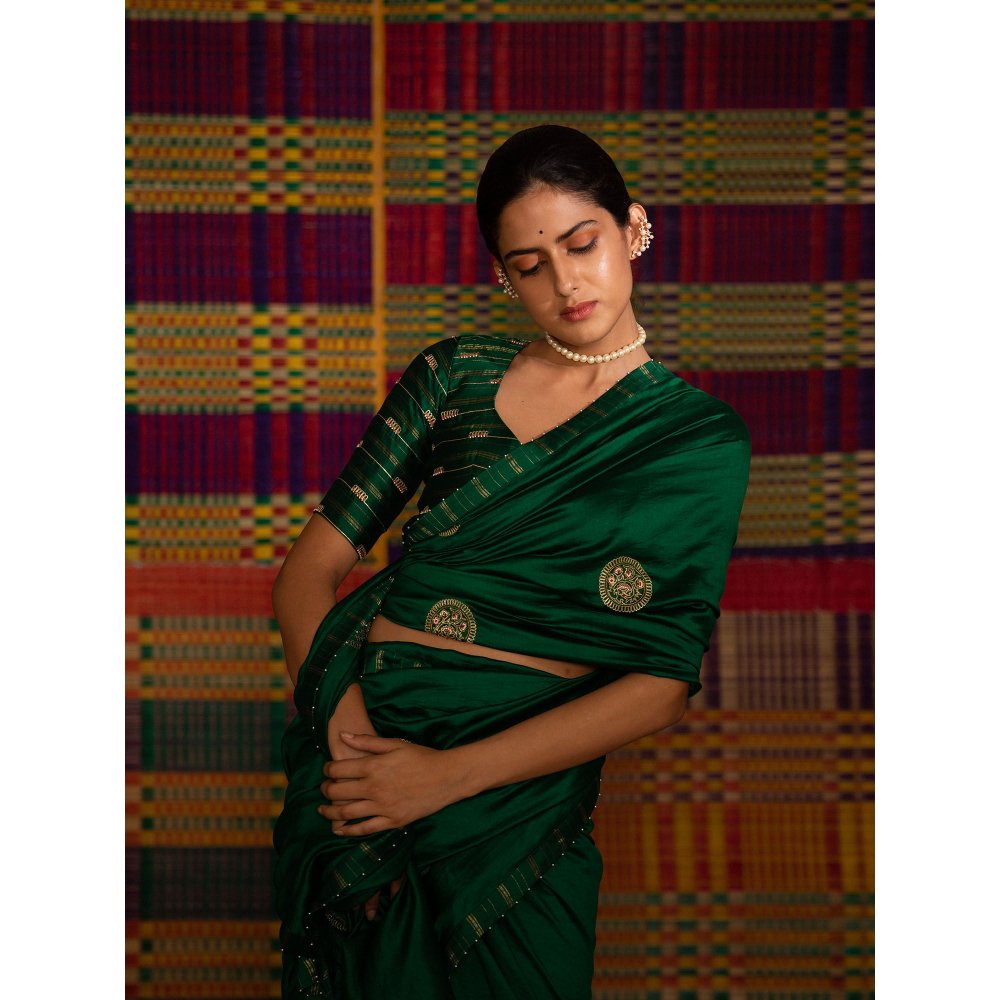 DEEPTHEE Haritah Green Mandala Hand Embellished Silk Saree with Stitched Blouse