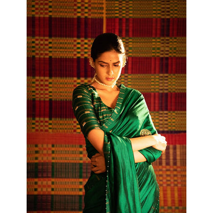 DEEPTHEE Haritah Green Mandala Hand Embellished Silk Saree with Stitched Blouse