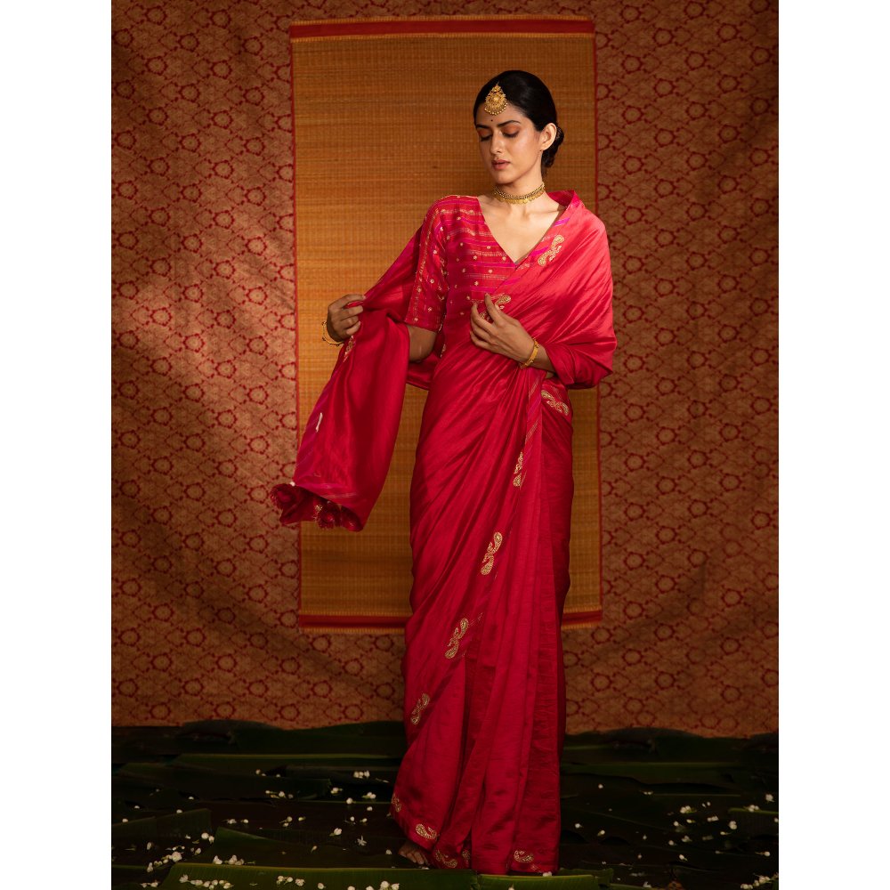 DEEPTHEE Sita Paisley Hand Embellished Silk Saree with Stitched Blouse