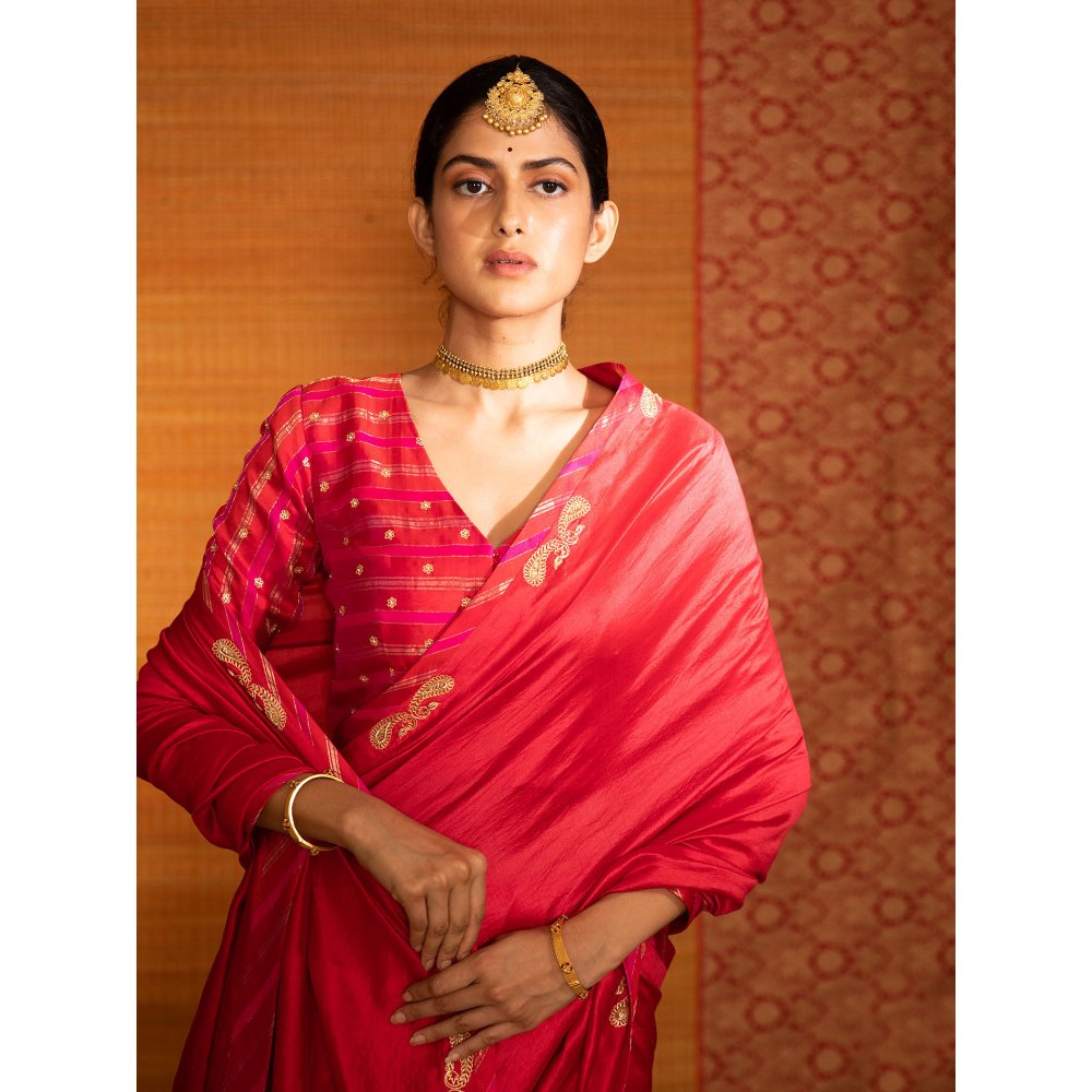 DEEPTHEE Sita Paisley Hand Embellished Silk Saree with Stitched Blouse