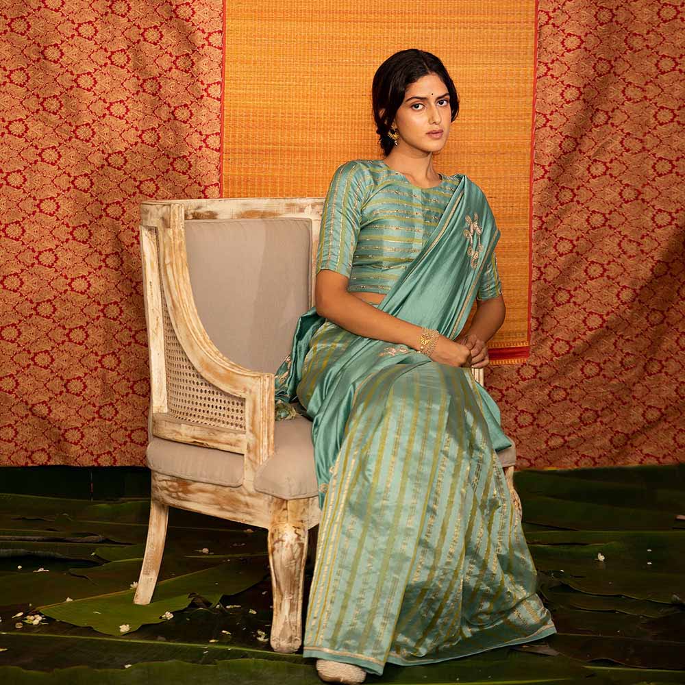 DEEPTHEE Turquoise Half And Half Hand Embellished Saree with Stitched Blouse