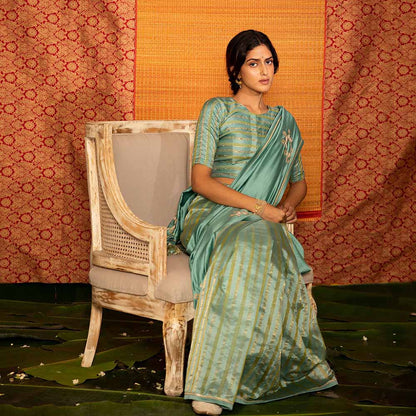 DEEPTHEE Turquoise Half And Half Hand Embellished Saree with Stitched Blouse