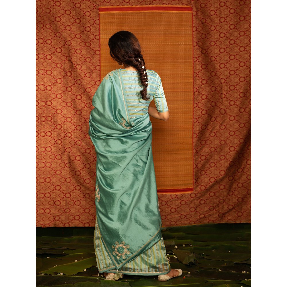 DEEPTHEE Turquoise Half And Half Hand Embellished Saree with Stitched Blouse