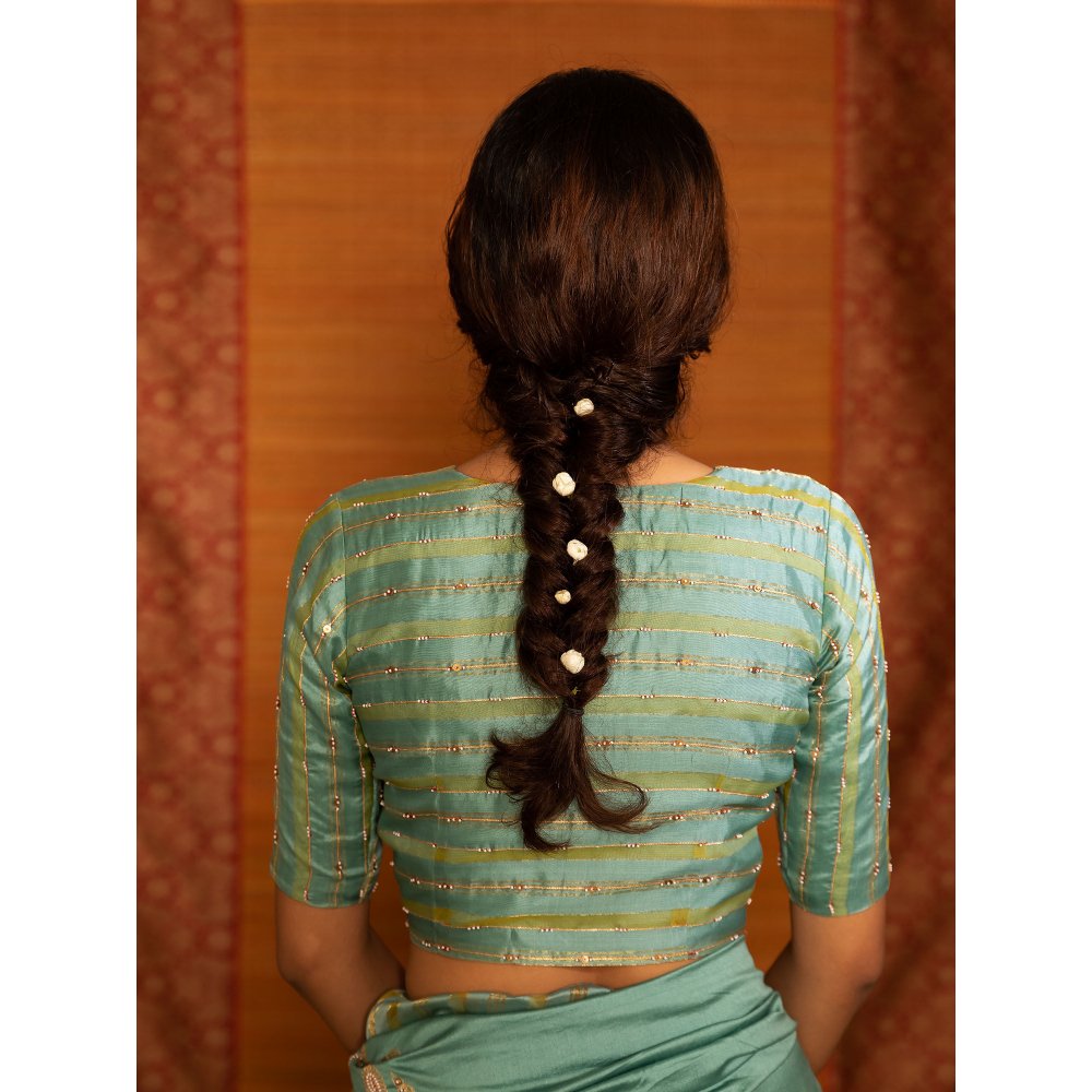 DEEPTHEE Turquoise Half And Half Hand Embellished Saree with Stitched Blouse