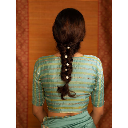 DEEPTHEE Turquoise Half And Half Hand Embellished Saree with Stitched Blouse