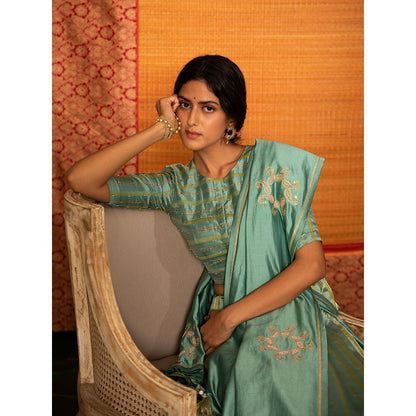 DEEPTHEE Turquoise Half And Half Hand Embellished Saree with Stitched Blouse