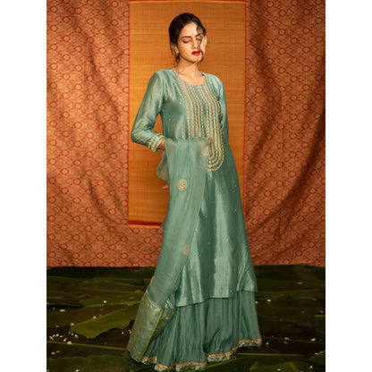 DEEPTHEE Turquoise Hand Embroidered Kurta with Skirt & Dupatta (Set of 3)