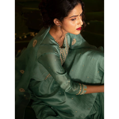 DEEPTHEE Turquoise Hand Embroidered Kurta with Skirt & Dupatta (Set of 3)