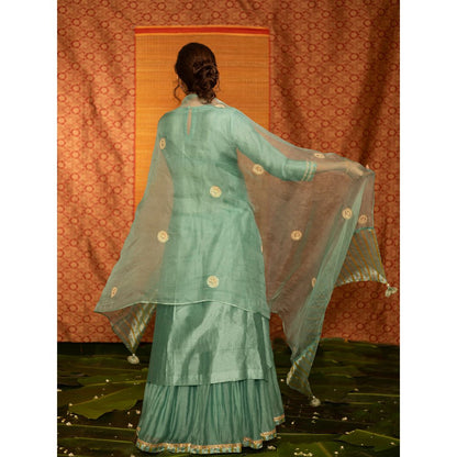 DEEPTHEE Turquoise Hand Embroidered Kurta with Skirt & Dupatta (Set of 3)