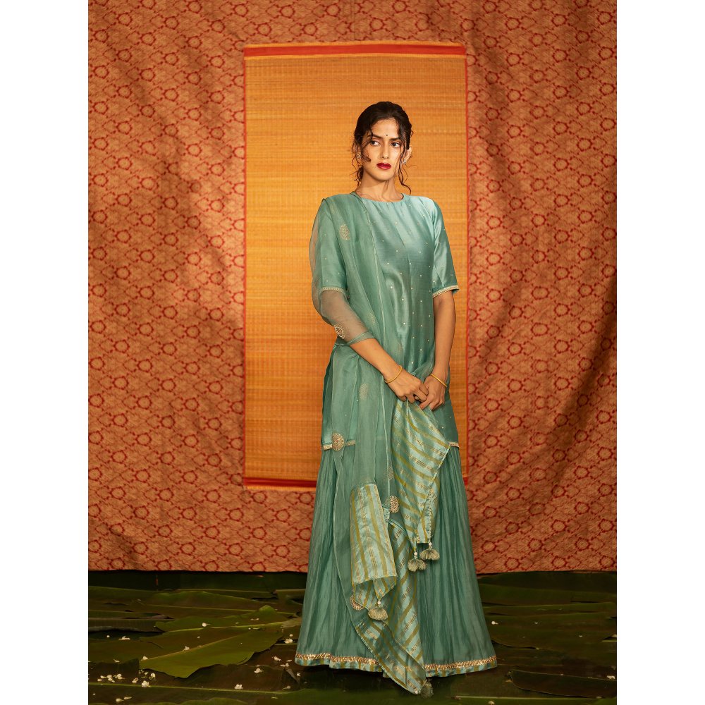 DEEPTHEE Turquoise Hand Embroidered Short Kurta with Lehenga & Dupatta (Set of 3)