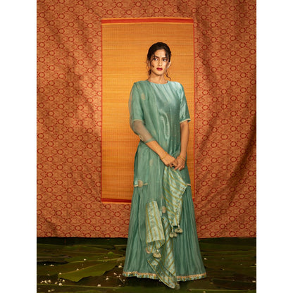 DEEPTHEE Turquoise Hand Embroidered Short Kurta with Lehenga & Dupatta (Set of 3)