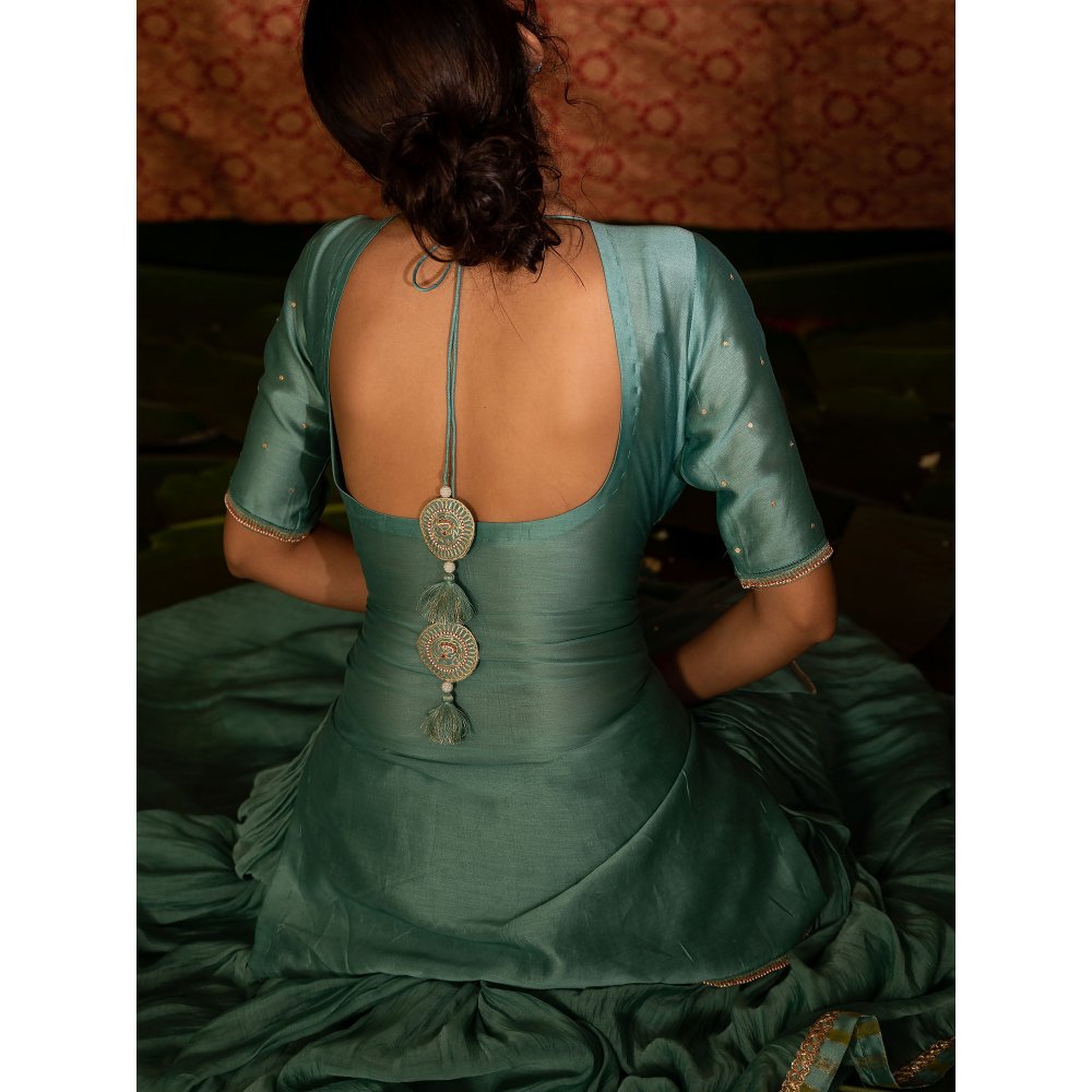 DEEPTHEE Turquoise Hand Embroidered Short Kurta with Lehenga & Dupatta (Set of 3)