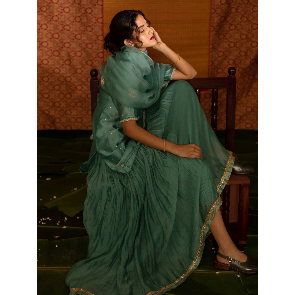 DEEPTHEE Turquoise Hand Embroidered Short Kurta with Lehenga & Dupatta (Set of 3)