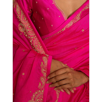 DEEPTHEE Fuchsia Pink Hand Embellished Silk Saree with V Neck Stitched Blouse
