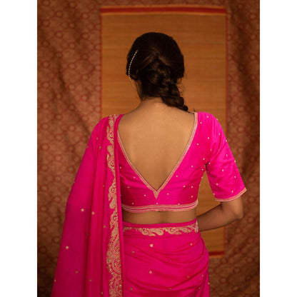 DEEPTHEE Fuchsia Pink Hand Embellished Silk Saree with V Neck Stitched Blouse