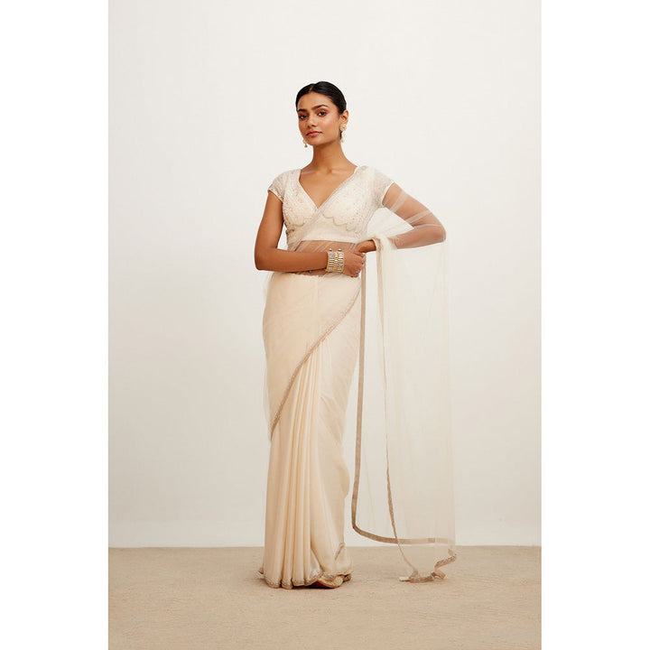 Devnaagri Ivory Embroidered Net and Satin Saree with Stitched Blouse