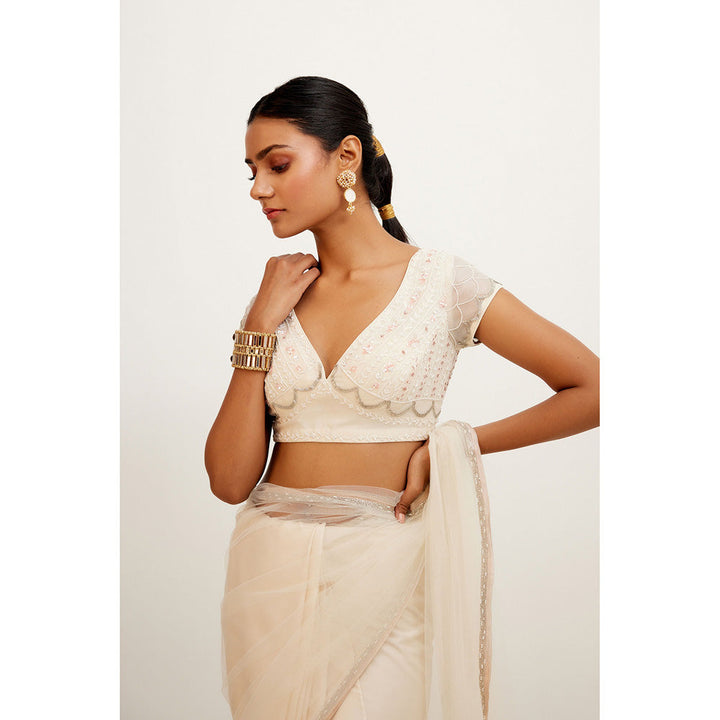 Devnaagri Ivory Embroidered Net and Satin Saree with Stitched Blouse