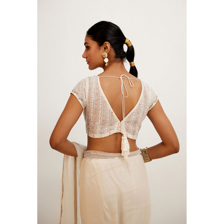 Devnaagri Ivory Embroidered Net and Satin Saree with Stitched Blouse