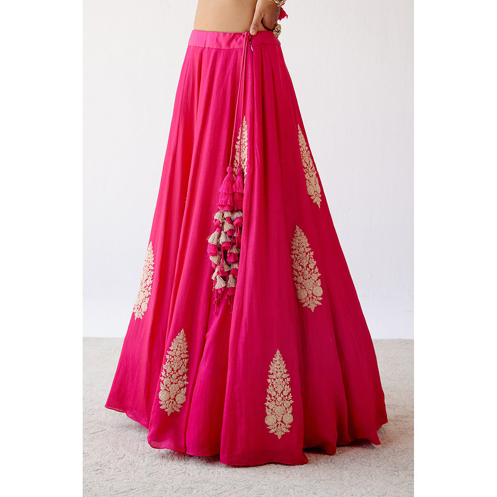 Devnaagri Fuchsia Resham Embroidered Cotton Silk Lehenga (Set of 3)