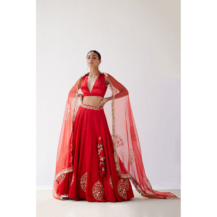 Devnaagri Red Dori Embroidered Cotton Silk Lehenga (Set of 3)