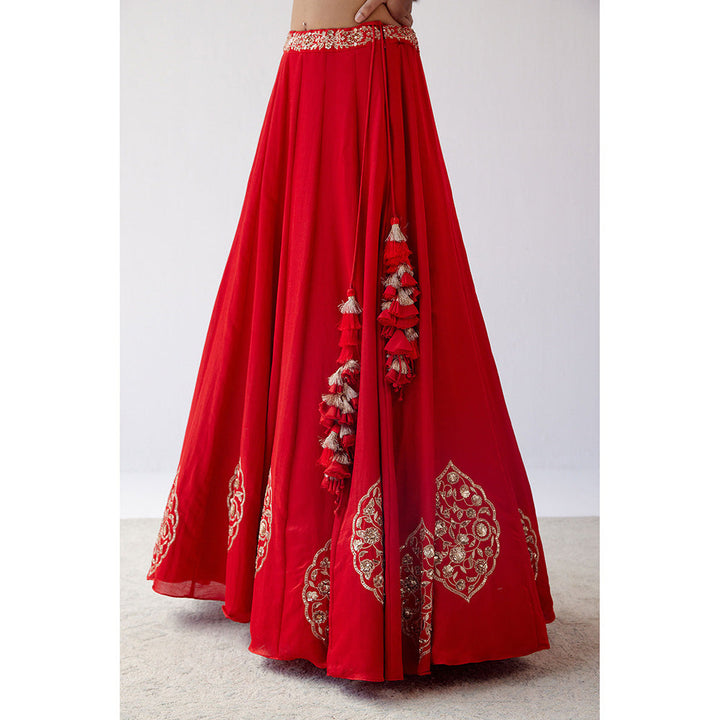 Devnaagri Red Dori Embroidered Cotton Silk Lehenga (Set of 3)