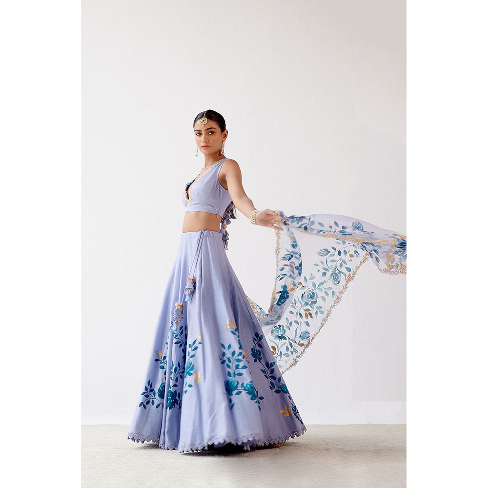 Devnaagri Aegean Blue Handpaint Lehenga (Set of 3)