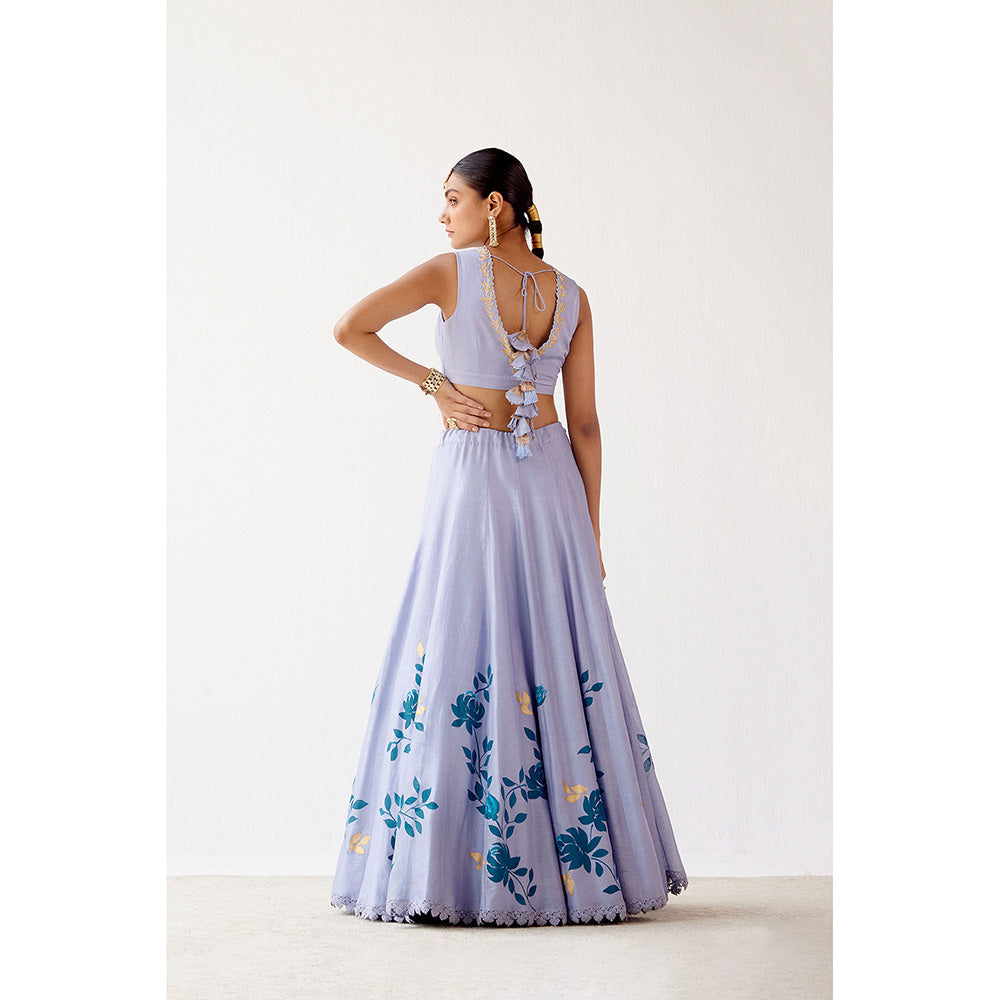 Devnaagri Aegean Blue Handpaint Lehenga (Set of 3)