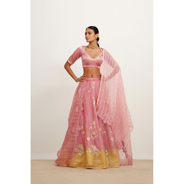 Devnaagri Pink and Yellow Gota Patti Organza Lehenga (Set of 3)