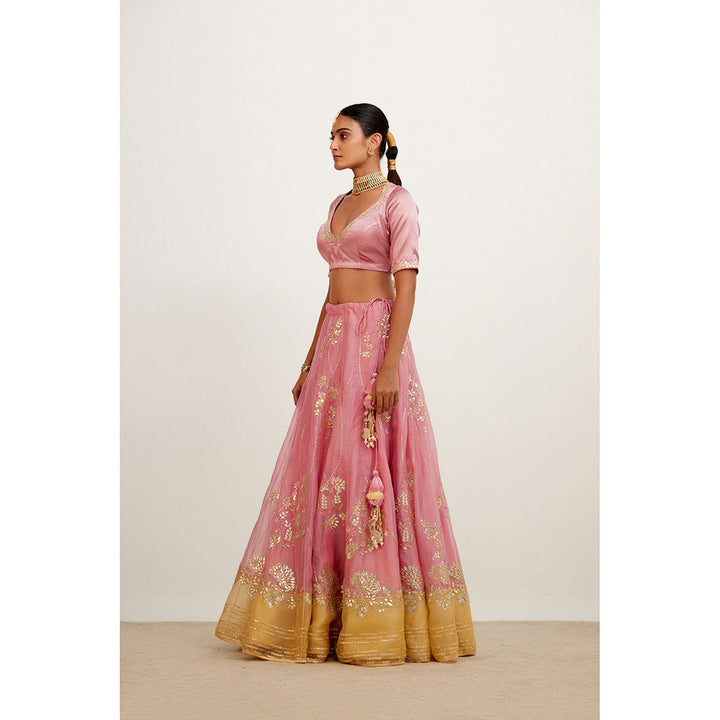 Devnaagri Pink and Yellow Gota Patti Organza Lehenga (Set of 3)