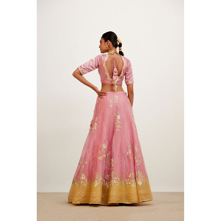 Devnaagri Pink and Yellow Gota Patti Organza Lehenga (Set of 3)