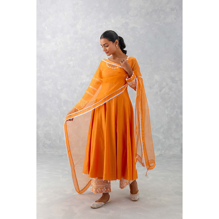 Devnaagri Orange Chanderi Anarkali (Set of 3)