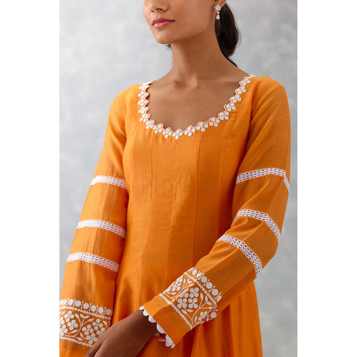 Devnaagri Orange Chanderi Anarkali (Set of 3)