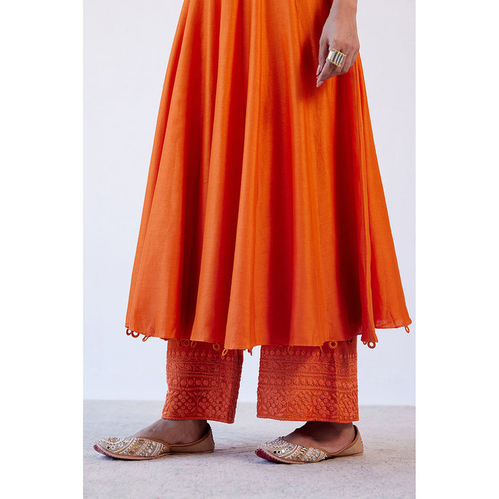 Devnaagri Orange Sleeveless Chanderi Anarkali (Set of 3)