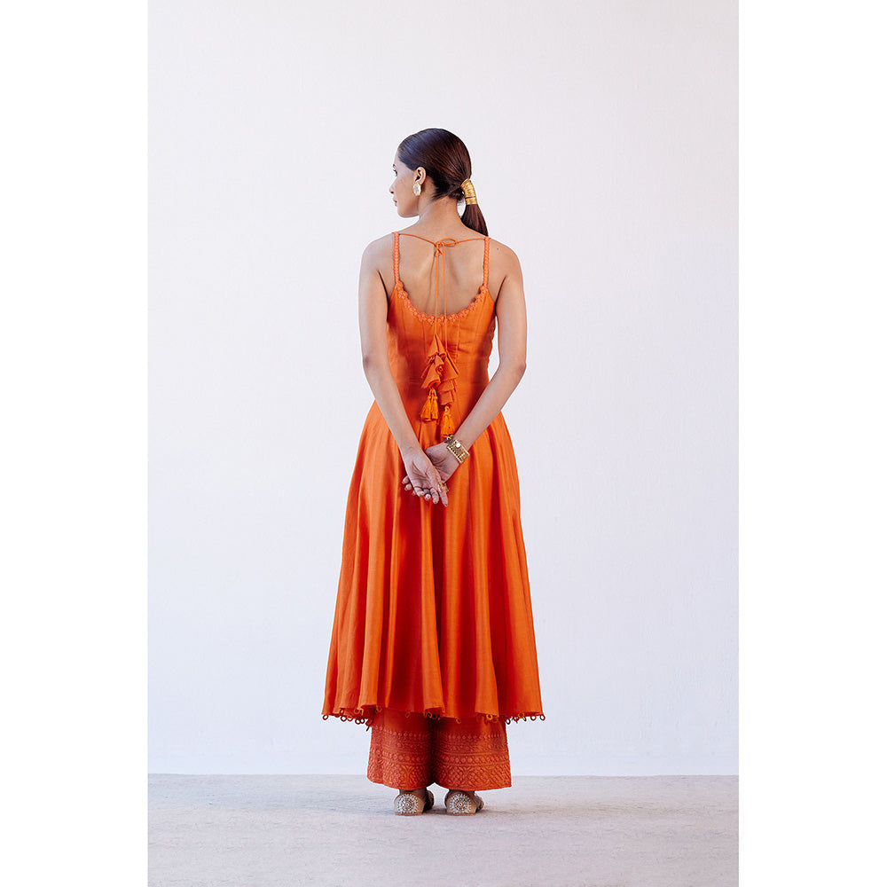 Devnaagri Orange Sleeveless Chanderi Anarkali (Set of 3)