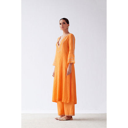 Devnaagri Orange Block Print Embroidered Kurta & Palazzo (Set of 3)