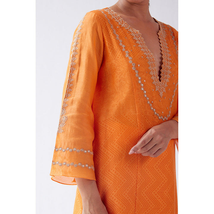 Devnaagri Orange Block Print Embroidered Kurta & Palazzo (Set of 3)