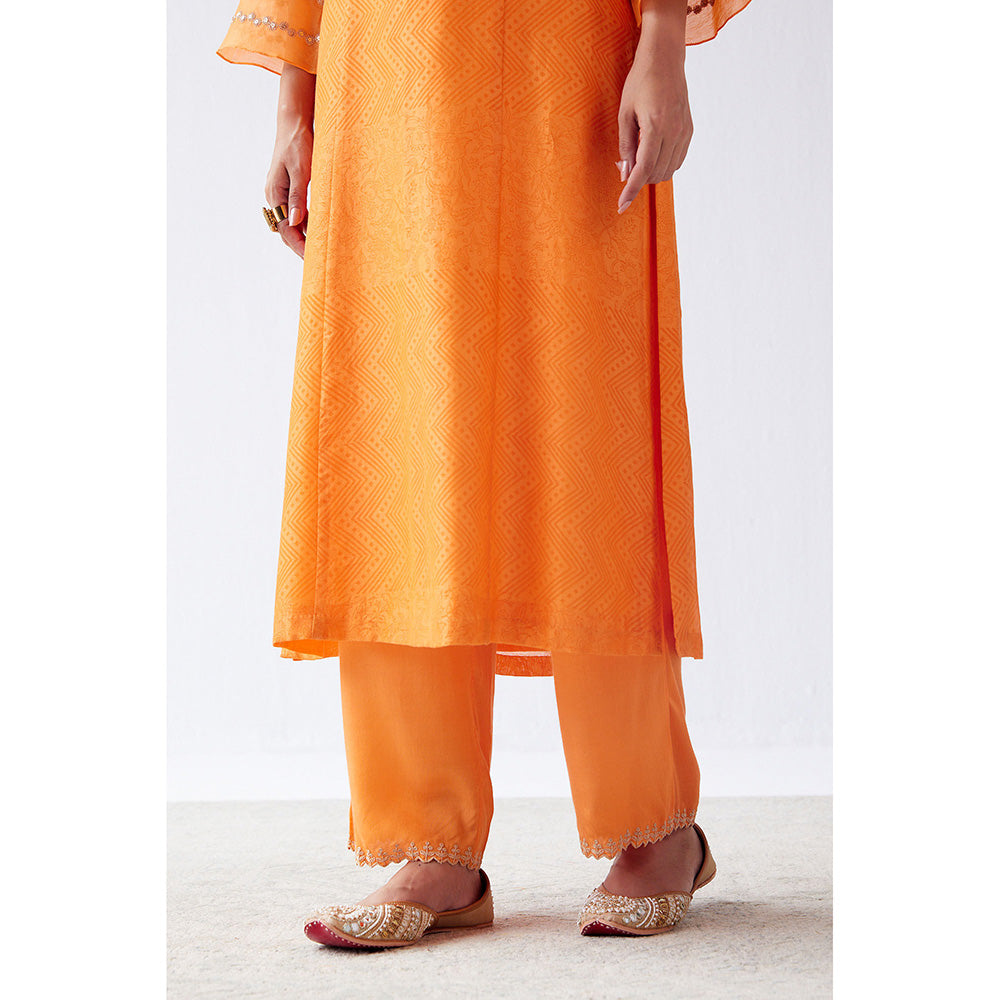 Devnaagri Orange Block Print Embroidered Kurta & Palazzo (Set of 3)