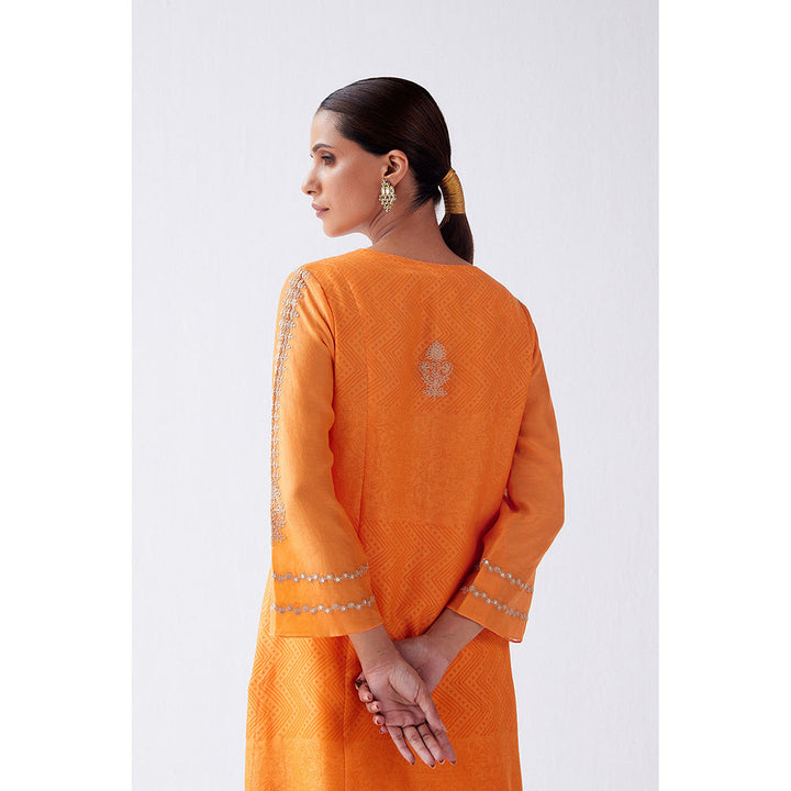 Devnaagri Orange Block Print Embroidered Kurta & Palazzo (Set of 3)