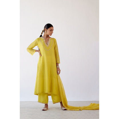 Devnaagri Yellow Block Print Embroidered Kurta & Palazzo (Set of 3)