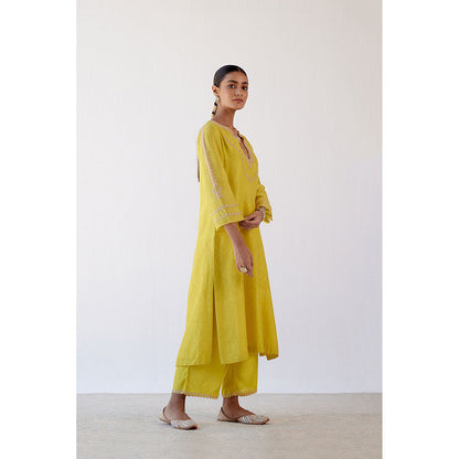 Devnaagri Yellow Block Print Embroidered Kurta & Palazzo (Set of 3)