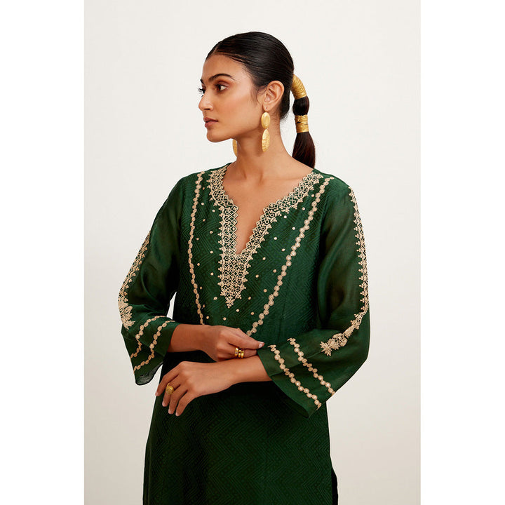 Devnaagri Bottle Green Block Print Embroidered Kurta & Palazzo (Set of 3)