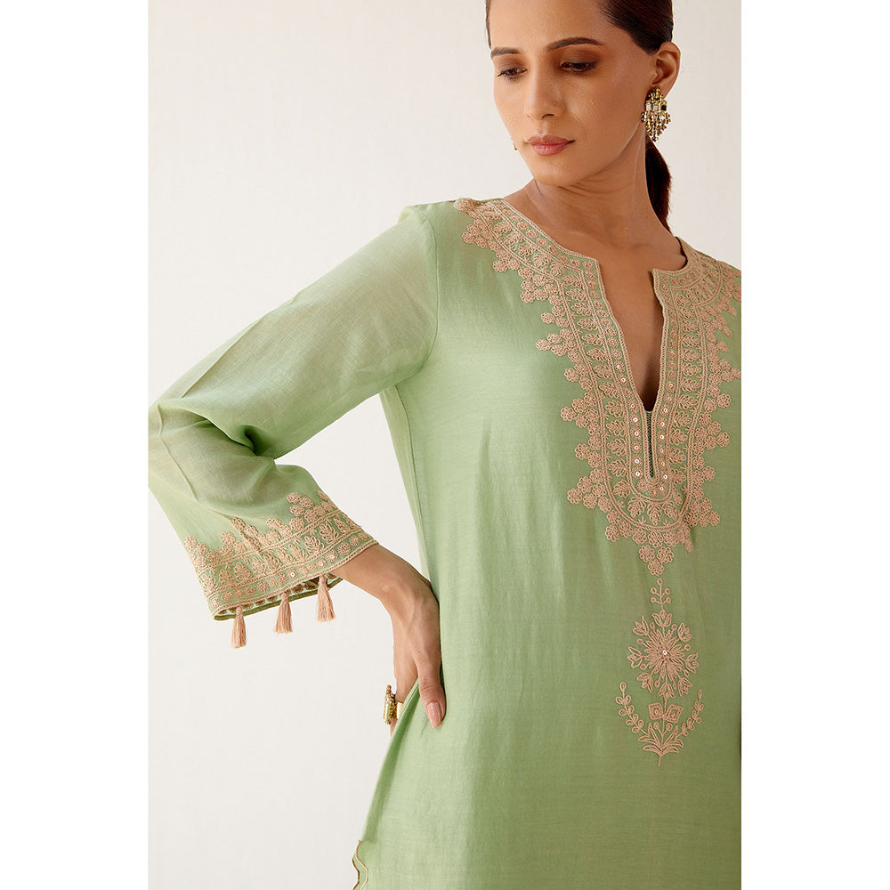 Devnaagri Green Dori Embroidered Kurta & Palazzo (Set of 3)