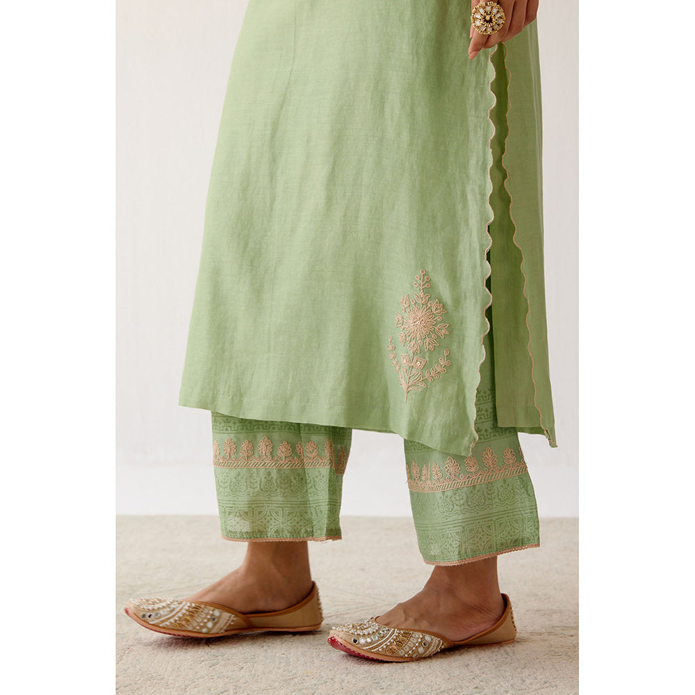 Devnaagri Green Dori Embroidered Kurta & Palazzo (Set of 3)