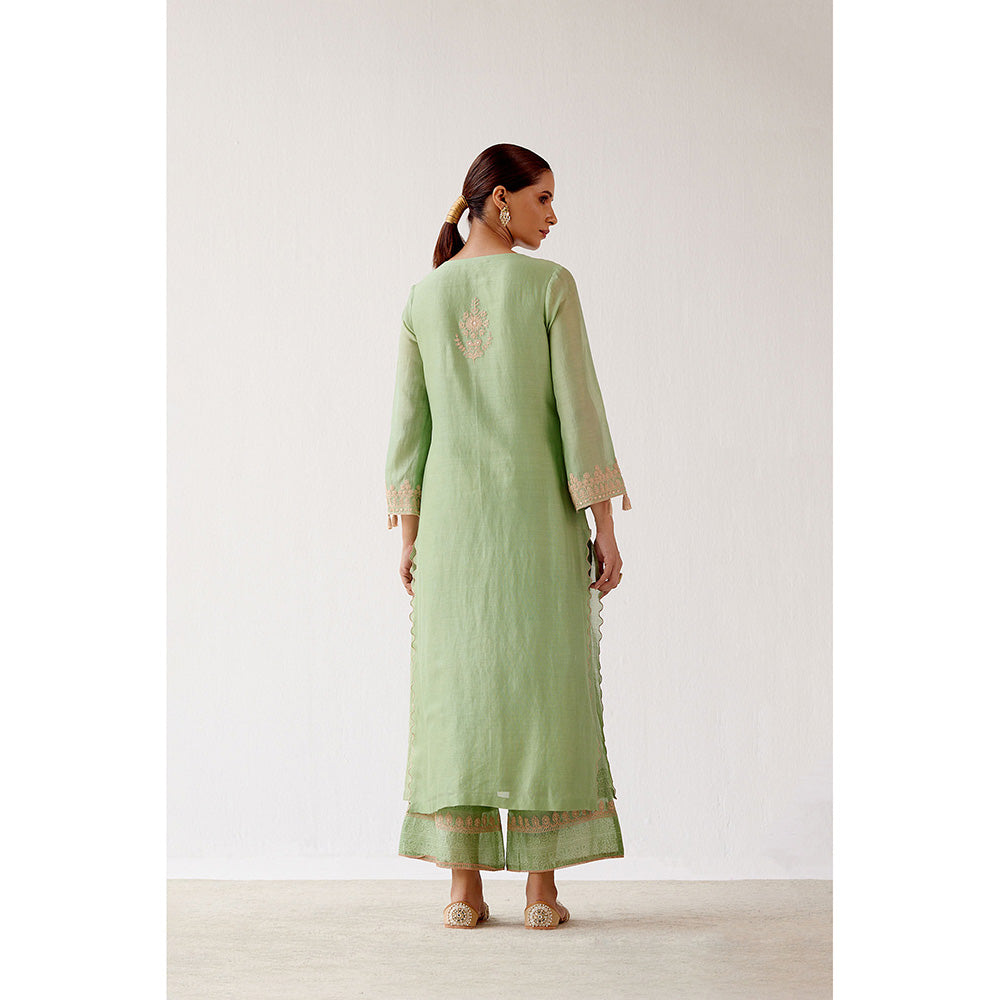 Devnaagri Green Dori Embroidered Kurta & Palazzo (Set of 3)