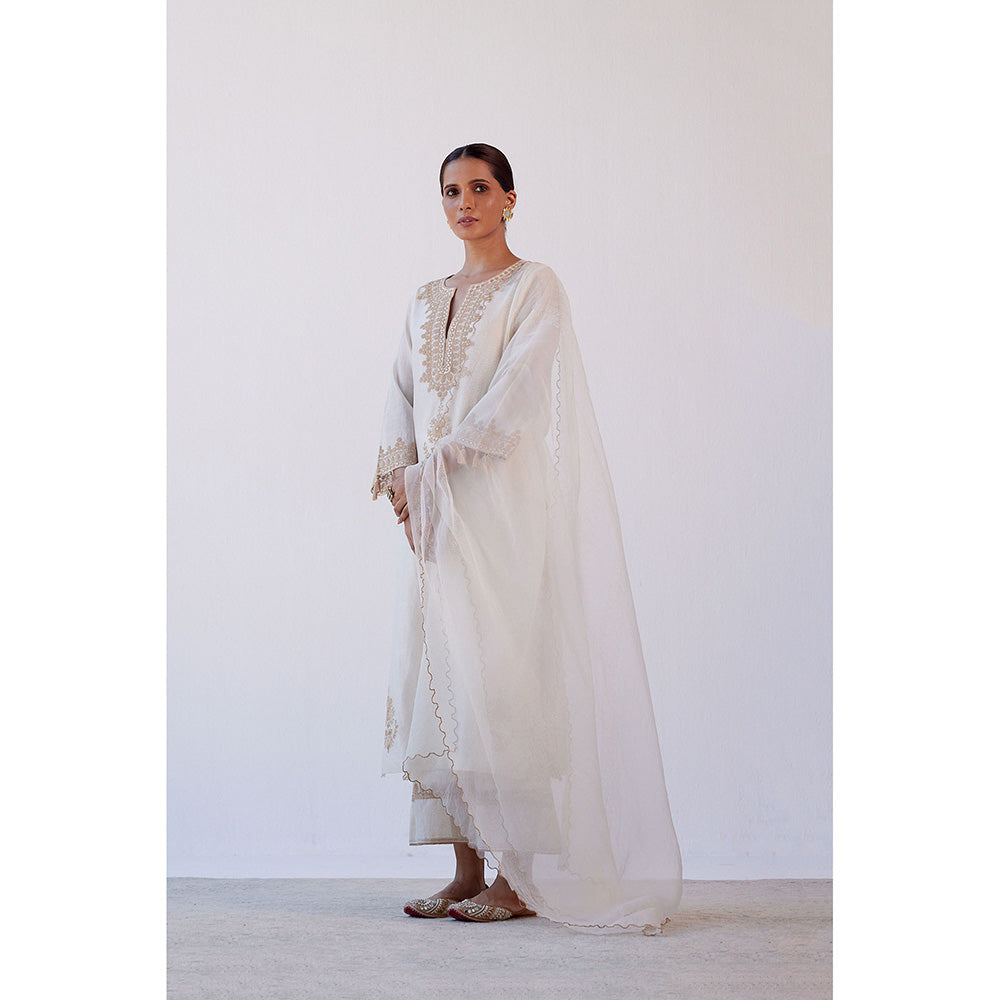 Devnaagri Ivory Dori Embroidered Kurta & Palazzo (Set of 3)
