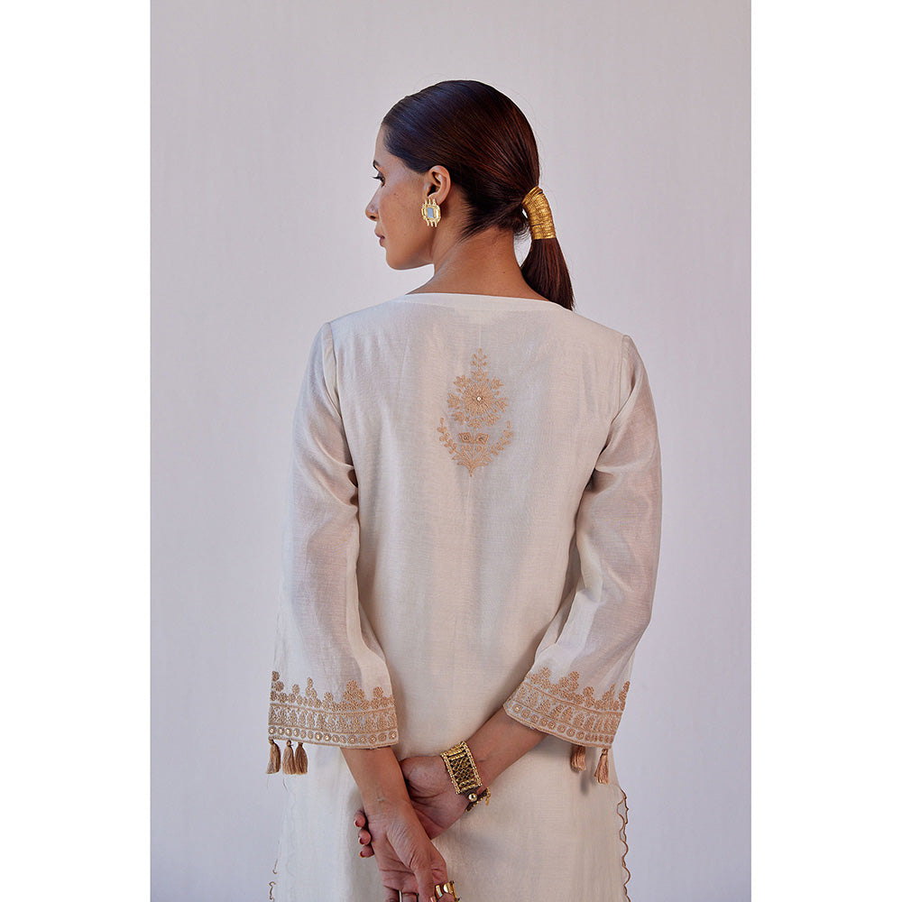 Devnaagri Ivory Dori Embroidered Kurta & Palazzo (Set of 3)