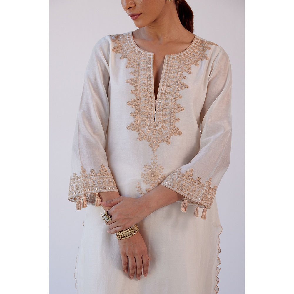 Devnaagri Ivory Dori Embroidered Kurta & Palazzo (Set of 3)