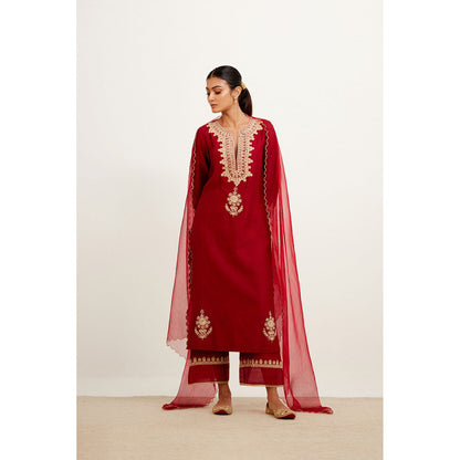 Devnaagri Maroon Dori Embroidered Kurta & Palazzo (Set of 3)