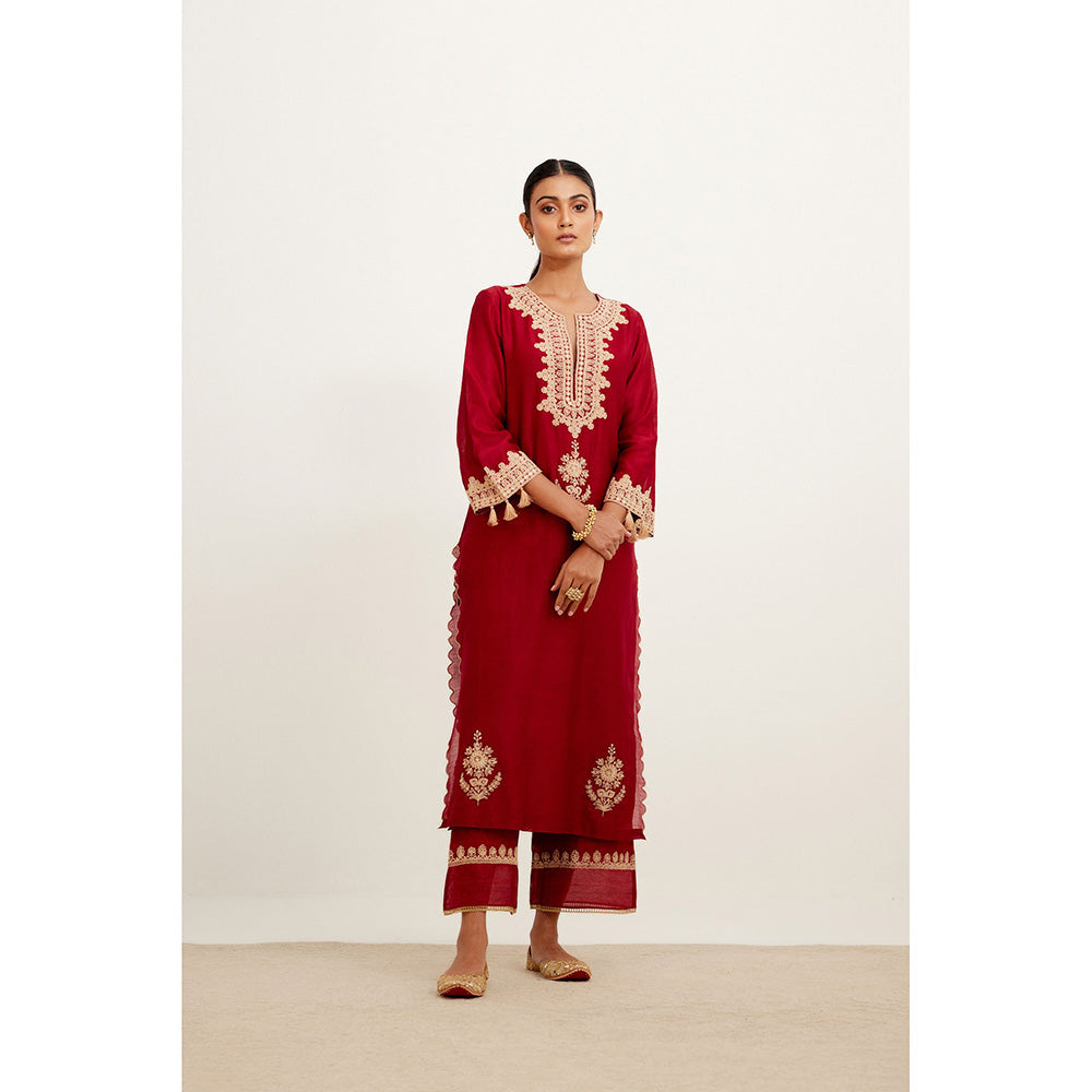 Devnaagri Maroon Dori Embroidered Kurta & Palazzo (Set of 3)