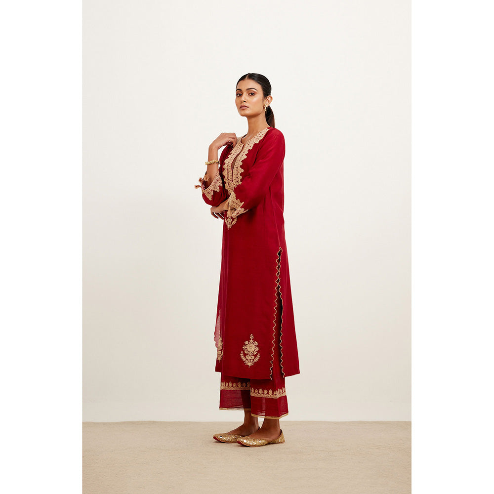 Devnaagri Maroon Dori Embroidered Kurta & Palazzo (Set of 3)